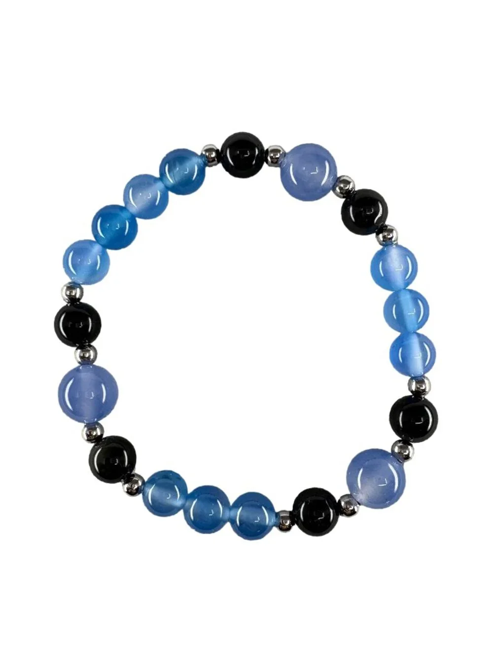 Blue Agate Black Obsidian Beaded Stretch Bracelet 6.75